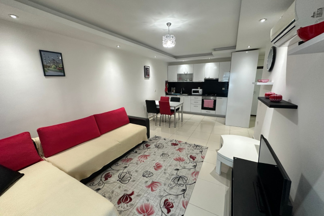 Fully furnished 1+1 apartment in Kestel, 300 m from the sea with resort-style facilities